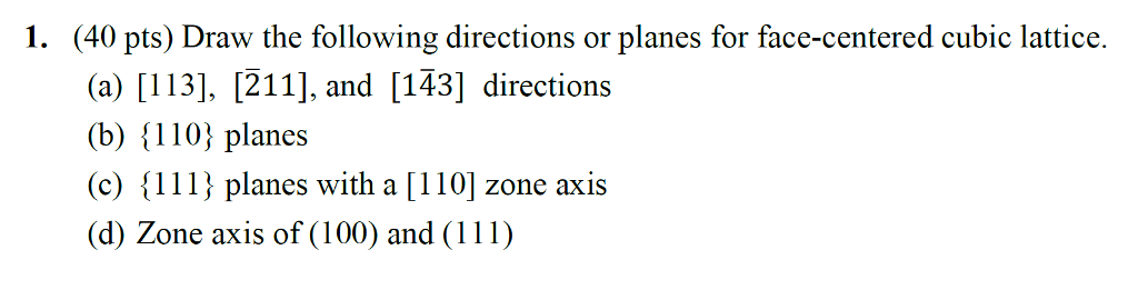 Solved 1. (40 pts) Draw the following directions or planes | Chegg.com