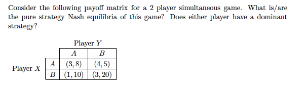Solved Consider the following payoff matrix for a 2 player | Chegg.com