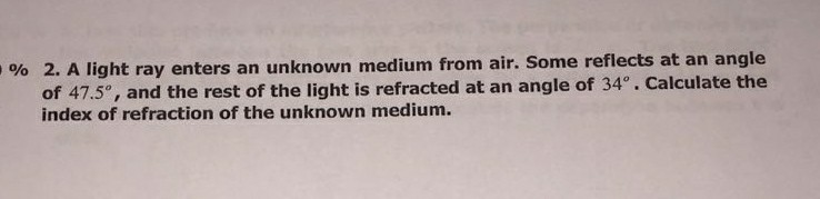 Solved % 2. A light ray enters an unknown medium from air. | Chegg.com