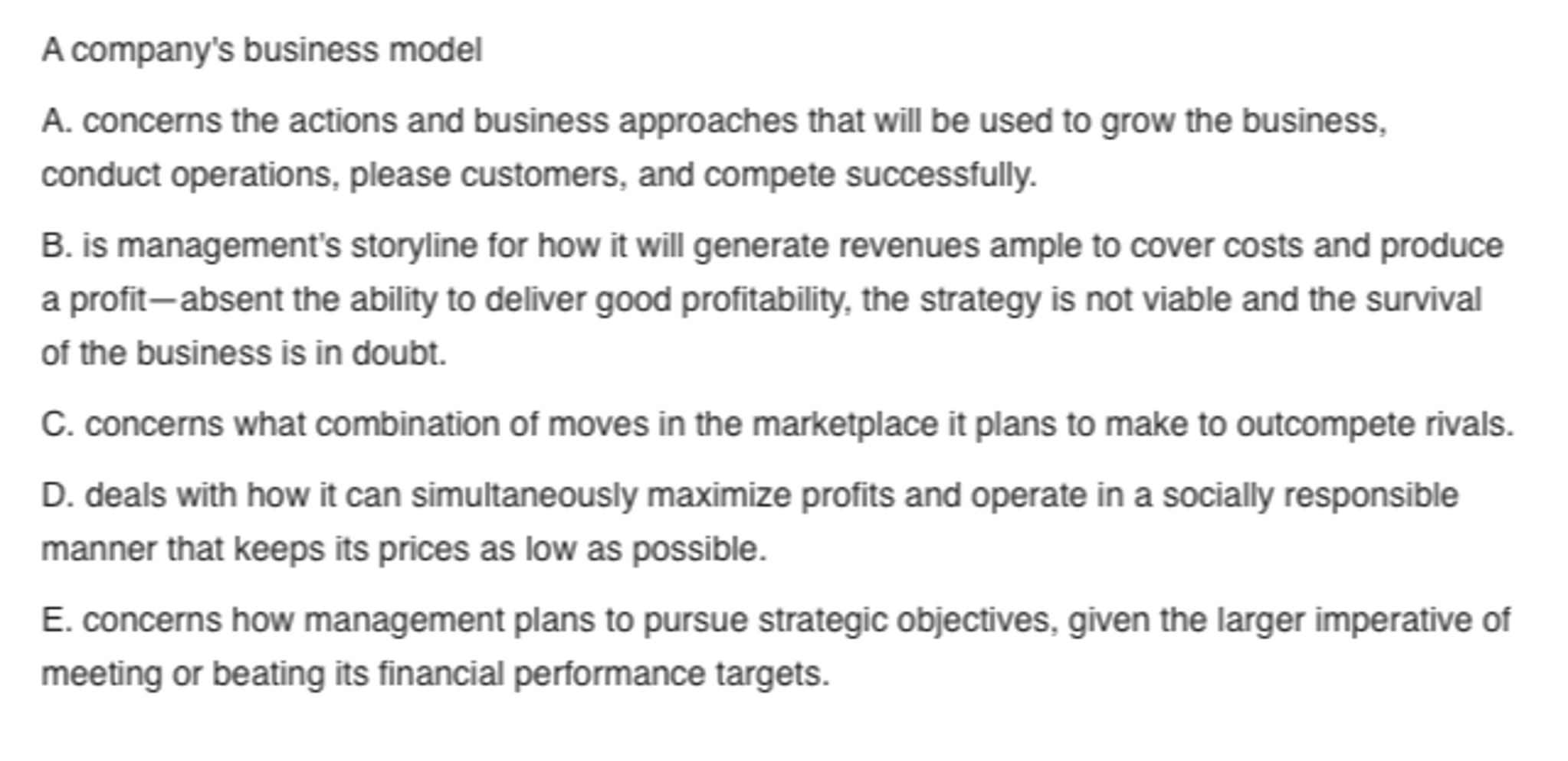 Solved A company's business model concerns the actions and | Chegg.com