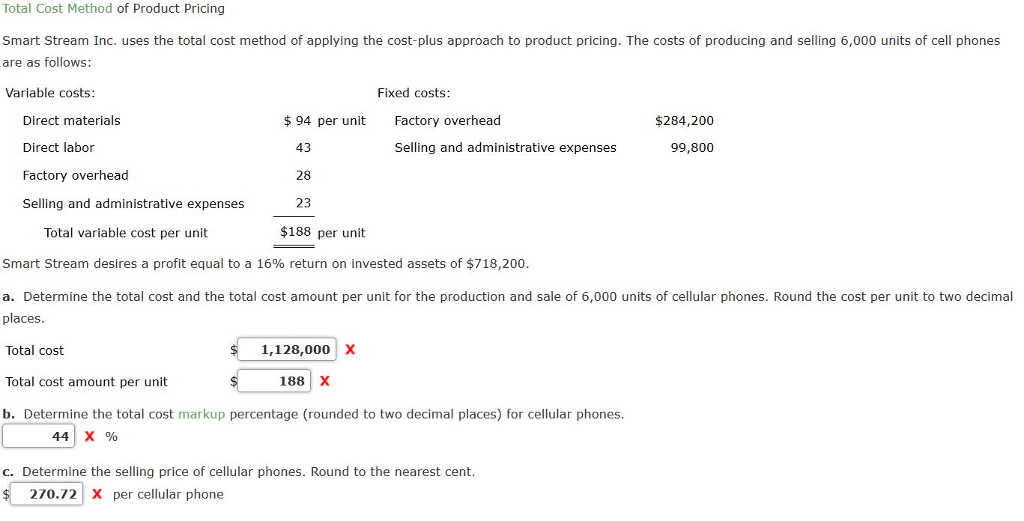 Solved Total Cost Method of Product Pricing Smart Stream