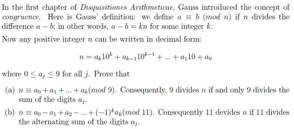 Solved In the first chapter of Disquisitiones Arithmeticae, | Chegg.com