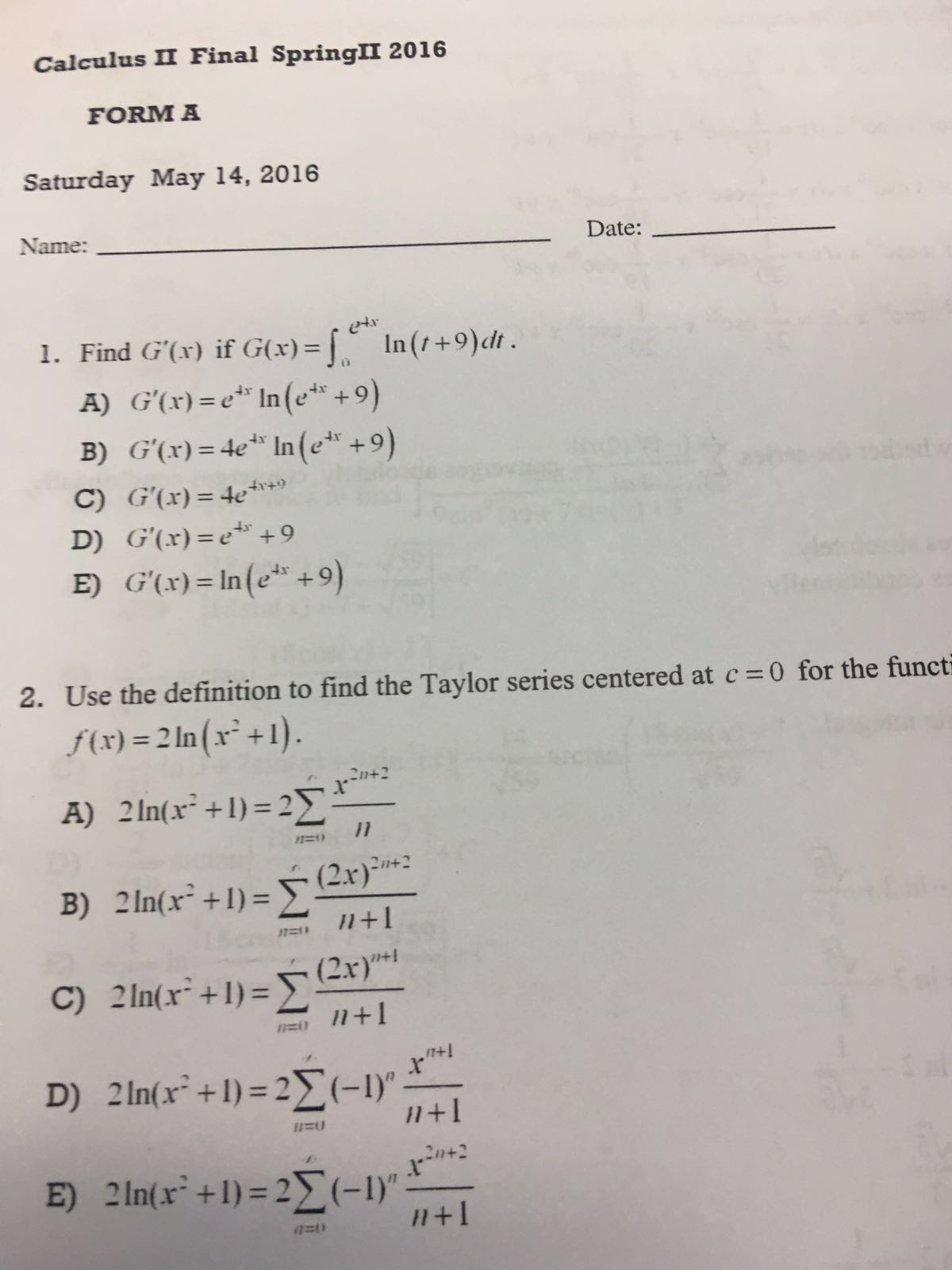 Solved Find G'(x) if G(x) = integral_0^e^4x In(t + 9)dt. A) | Chegg.com