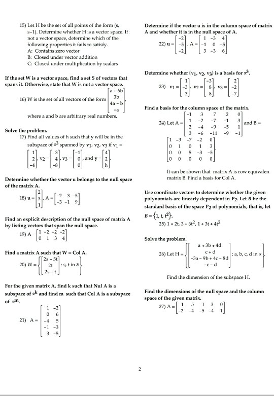 Solved Determine if the vector u is in the column space of | Chegg.com