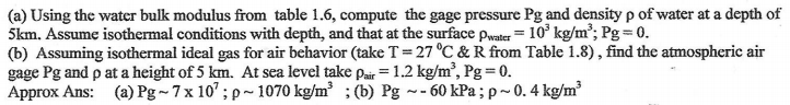 Solved Using the water bulk modulus from table 1.6, compute | Chegg.com