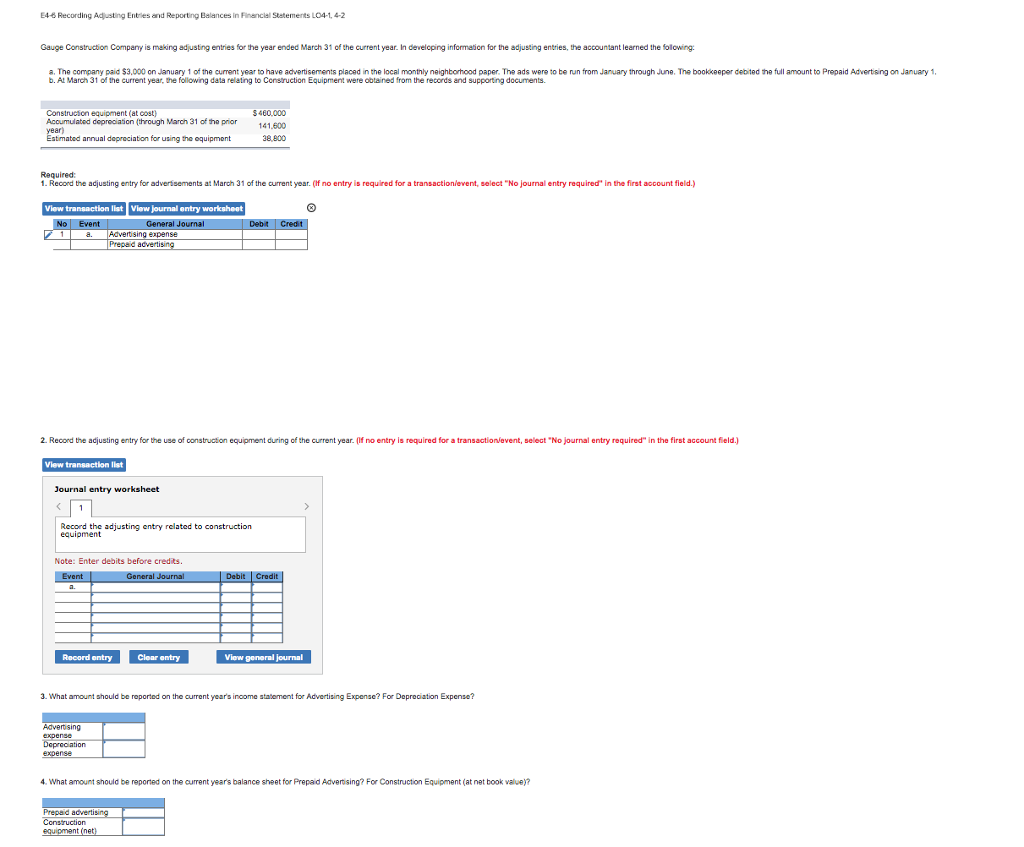 Solved E4 Recording Adysting Entries And Reporting Balances Chegg
