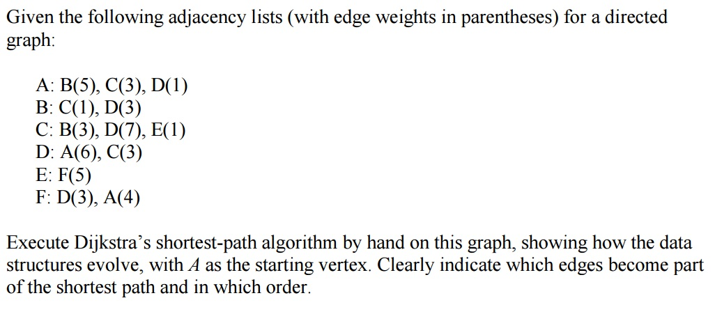 Solved Given the following adjacency lists (with edge | Chegg.com