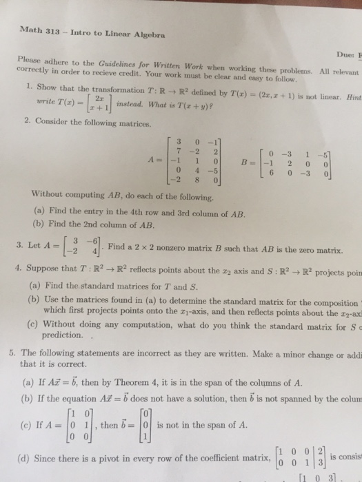 Solved Math 313 Intro to Linear Algebra Due: F Please adhere | Chegg.com