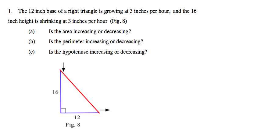 Solved The 12 inch base of a right triangle is growing at 3 | Chegg.com