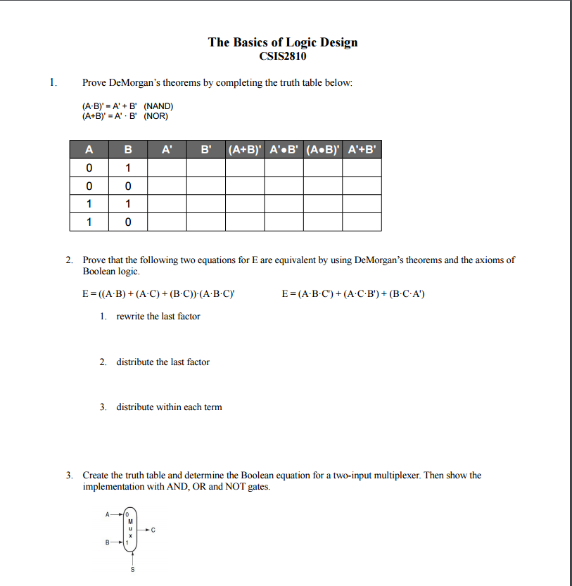 Solved The Basics of Logic Design CSIS2810 1. Prove | Chegg.com