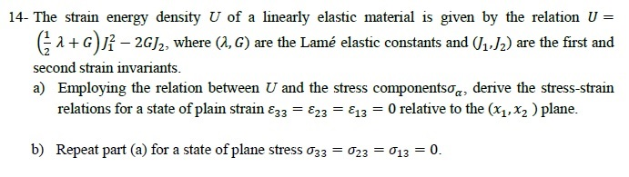 The Strain Energy Density U Of A Linearly Elastic | Chegg.com