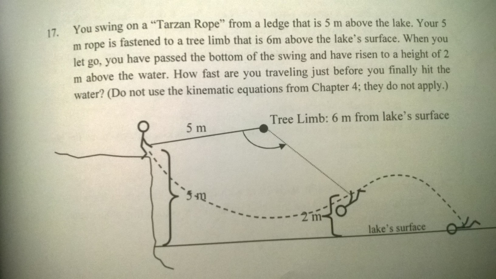 Solved You swing on a "Tarzan Rope" from a ledge that is 5 m
