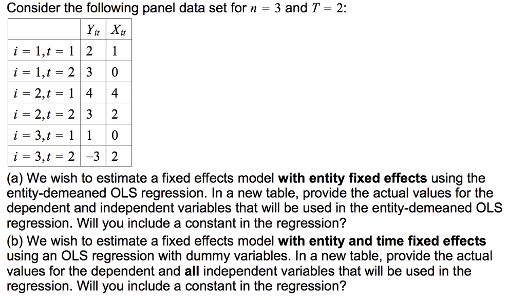 Consider the following panel data set for n = 3 and | Chegg.com