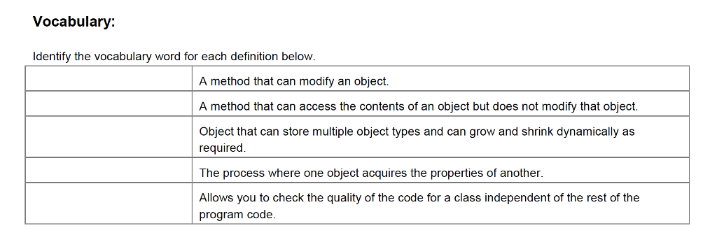 Solved Vocabulary: Identify the vocabulary word for each | Chegg.com