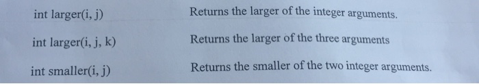 Solved int larger(i, j) Returns the larger of the integer | Chegg.com