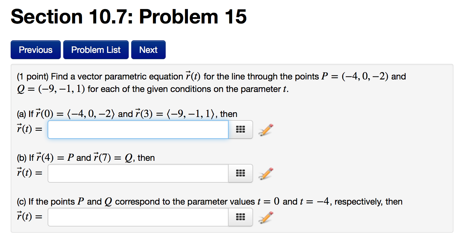 Solved (1 point) Find a vector parametric equation r ? | Chegg.com