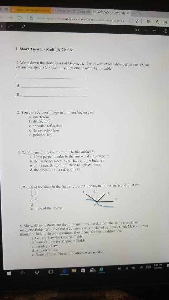 Solved Write down the three Laws of Geometric Optics with | Chegg.com