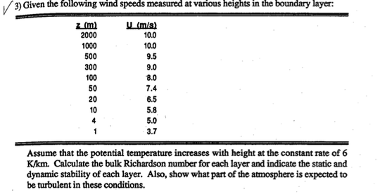 Solved 3) Given the following wind speeds measured at | Chegg.com