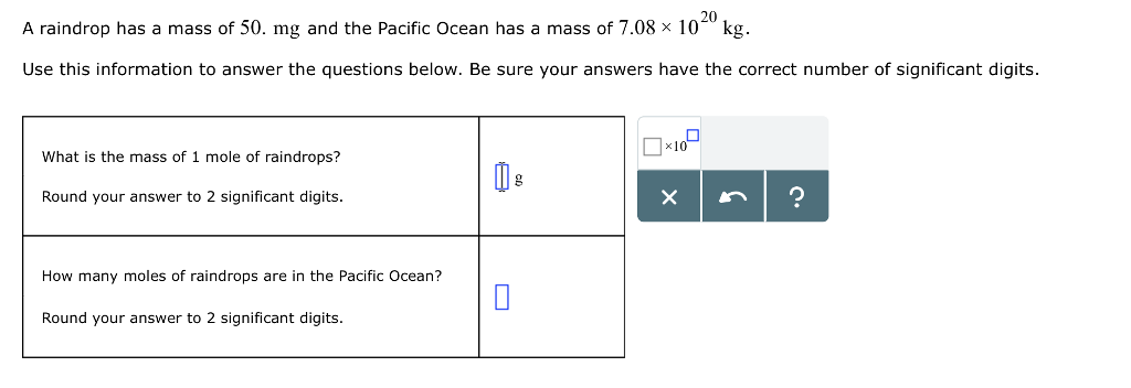 Solved A raindrop has a mass of 50. mg and the Pacific Ocean | Chegg.com