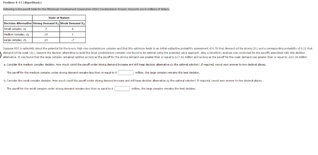 Solved Problem 4-11 (Algorithmic) Following is the payoff | Chegg.com