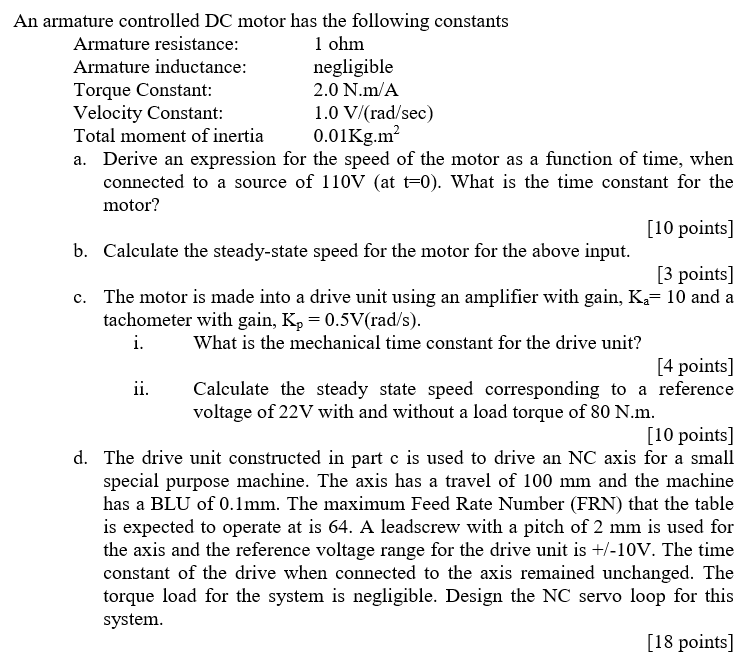 Solved An armature controlled DC motor has the following