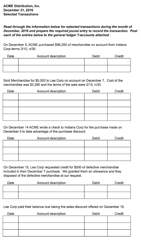 Solved ACME Distribution, Inc. December 31, 2016 Selected | Chegg.com