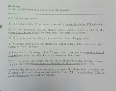 Solved Answer the following questions about an AC generator. | Chegg.com