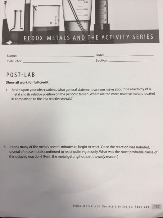 Solved REDOX-METALS AND THE ACTIVITY SERIES Date Name: | Chegg.com