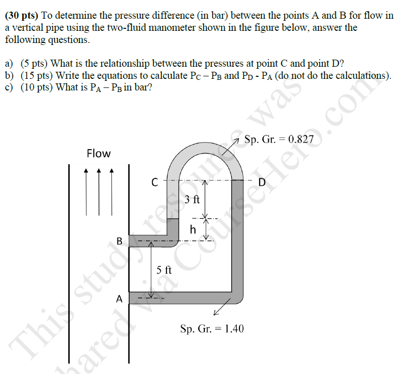 Solved (30 pts) To determine the pressure difference (in | Chegg.com