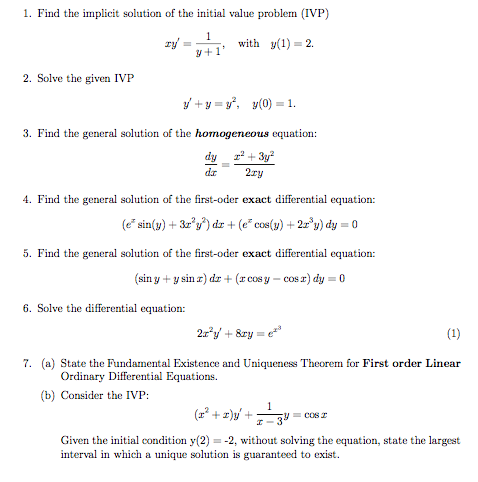 Solved 1. Find the implicit solution of the initial value | Chegg.com