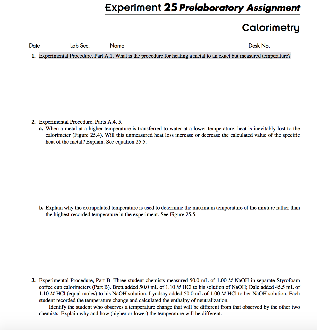 experiment 25 calorimetry lab report