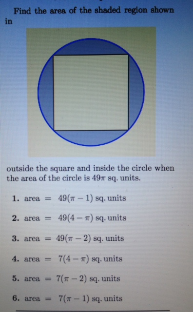 area of shaded region circle inside square