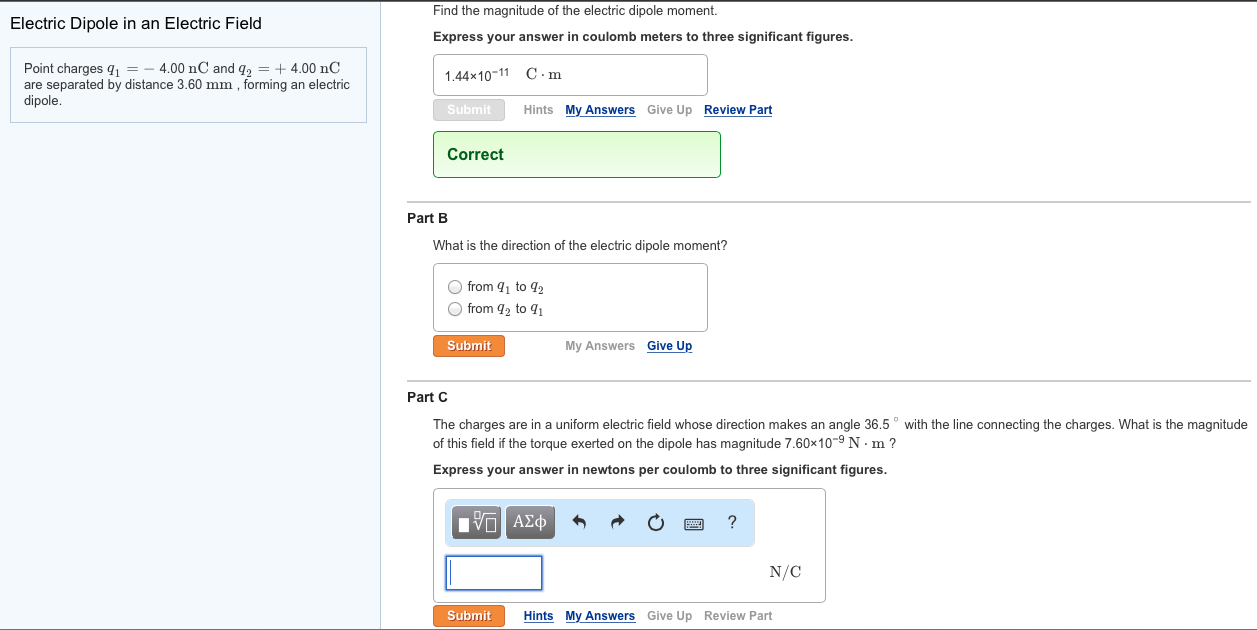 Solved Electric Dipole in an Electric Field Point charges q1 | Chegg.com