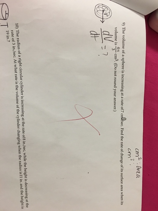 find the rate of change of volume with respect to surface area