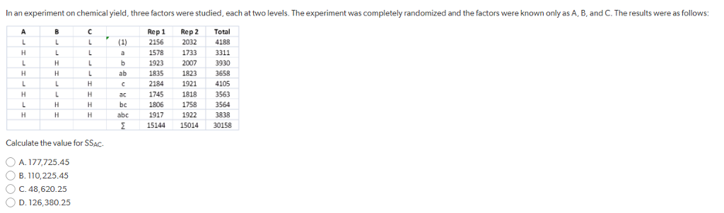 solved-in-an-experiment-on-chemical-yield-three-factors-chegg