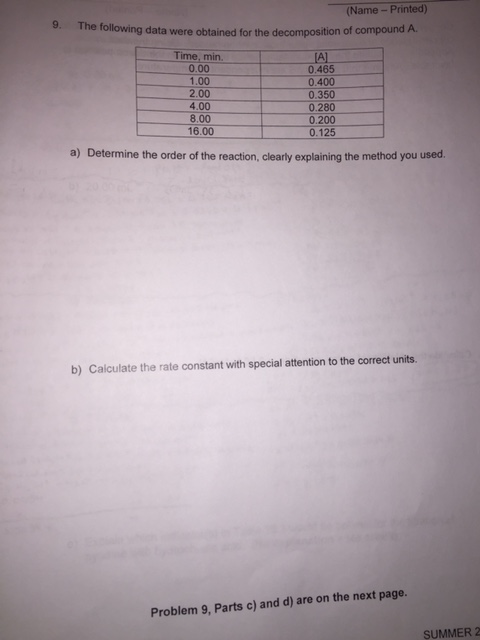 Solved The following data were obtained for the | Chegg.com