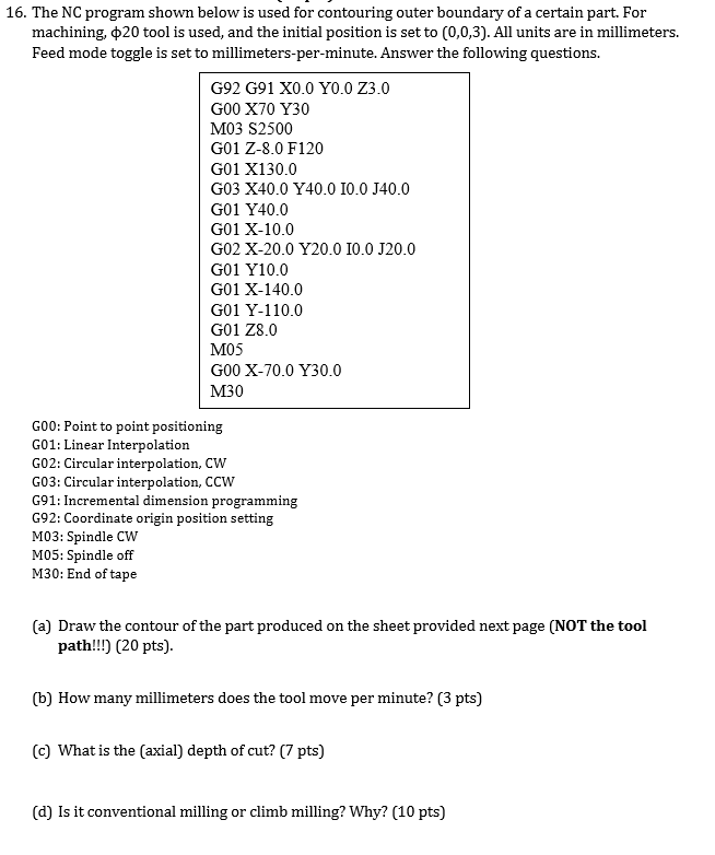 Solved 16. The NC program shown below is used for contouring | Chegg.com