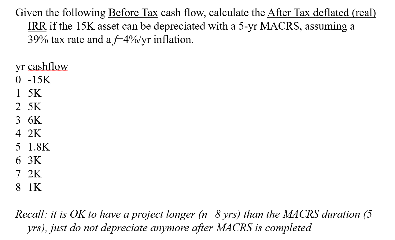 Given the following Before Tax cash flow, calculate