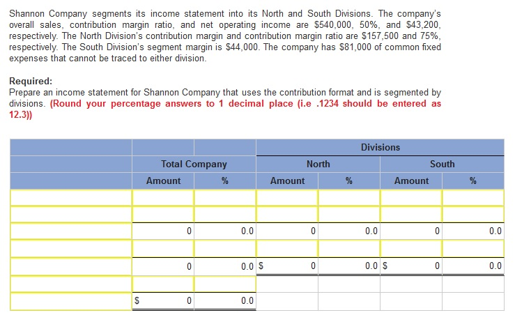 Solved Shannon Company segments its income statement into | Chegg.com