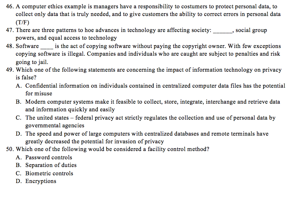 Solved 46. A computer ethics example is managers have a