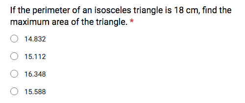 find the maximum area of an isosceles triangle whose perimeter is 18in