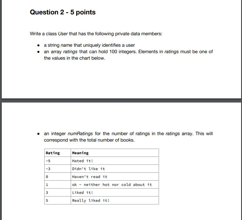 Solved Question 2-5 points l0 Write a class User that has | Chegg.com