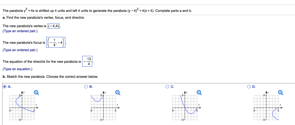 Solved The parabola y2 -4x is shifted up 4 units and left 4 | Chegg.com