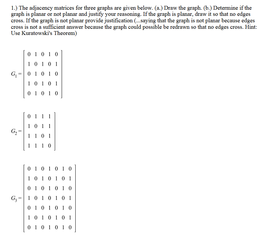 Solved The adjacency matrices for three graphs are given | Chegg.com