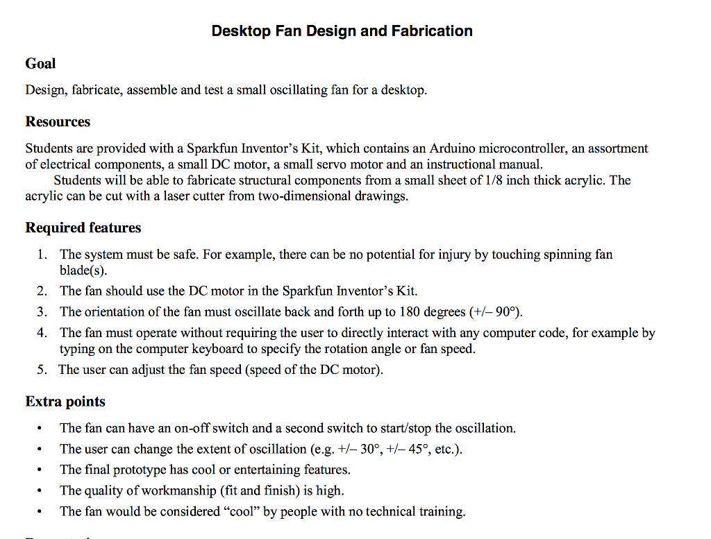 Desktop Fan Design and Fabrication Goal Design,
