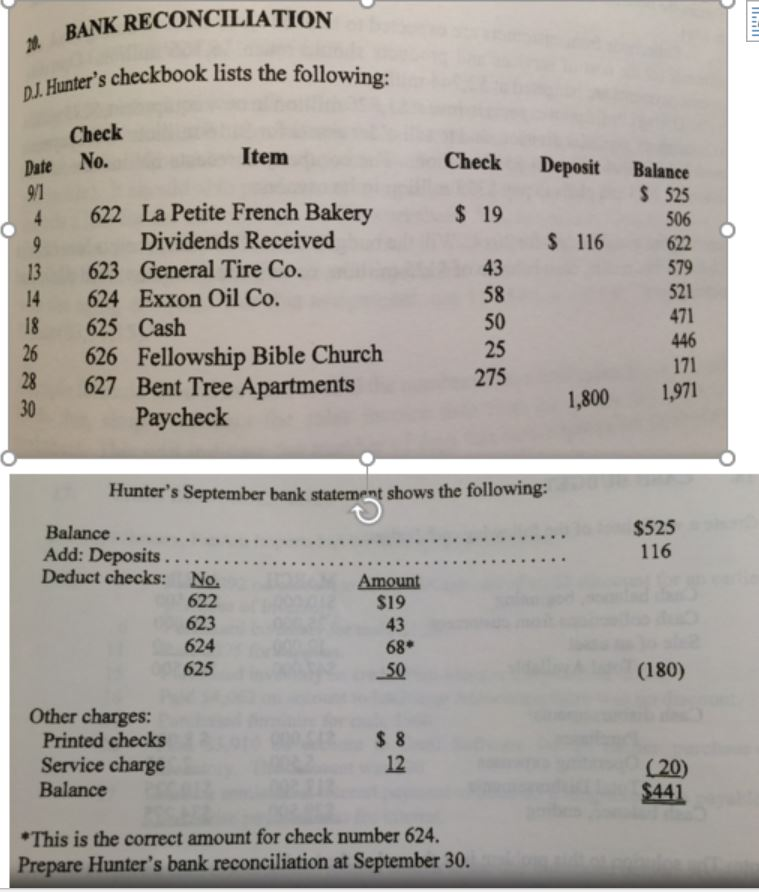 Solved BANK RECONCILIATION Hunter's checkbook lists the