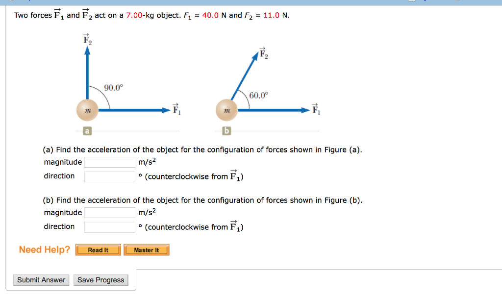 Solved Two Forces F1 And F2 Act On A 7 00 Kg Object F1