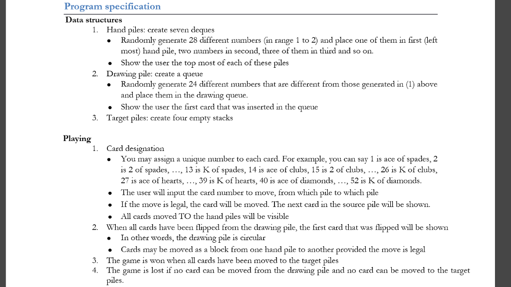 Program specification Data structures Hand piles: | Chegg.com