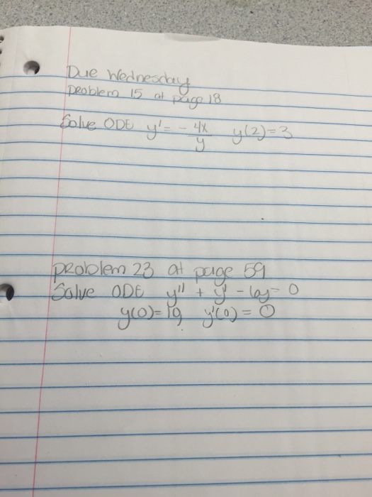 Solved Problem 15 at page 18 Solve ODE y' =-4x/y y(2)=3 | Chegg.com