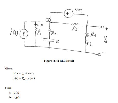 Solved VIT) t I a (t) Figure P8.42 RLC circuit Given: i(t) = | Chegg.com